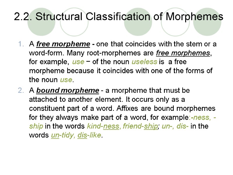 2.2. Structural Classification of Morphemes A free morpheme - one that coincides with the